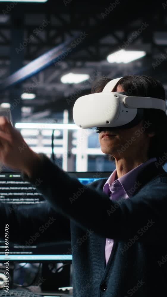 Poster vertical video data center engineer using virtual reality, managing ai systems for uptime and effici