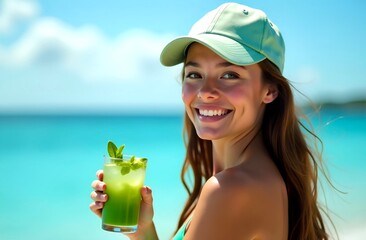 Happy young woman in baseball cap with green drink relaxing by the sea