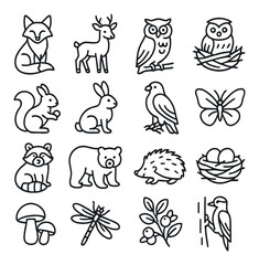 Nature's wildlife icon collection. simple animal and forest silhouette icons: fox, deer, owl, squirrel, rabbit, bird, bear, butterfly, hedgehog vector icons.