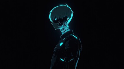 Neon-lit cyborg anime character in profile.