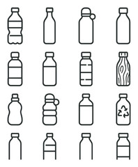 Bottle icon collection. diverse drink containers linear design. water, soda, juice, recycle vector icons.