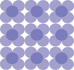 A seamless repeating pattern consisting of stylized flowers with four rounded petals and a round center. The colors are presented in various shades of purple and lavender, located on a clean white bac