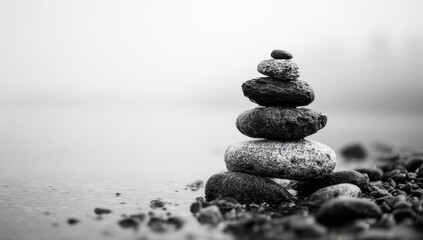 Stacked stones by a misty shore