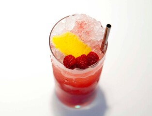 A vibrant summer cocktail made with crushed ice, fresh raspberries, and a lemon twist, served in a tall glass with a metal straw. 