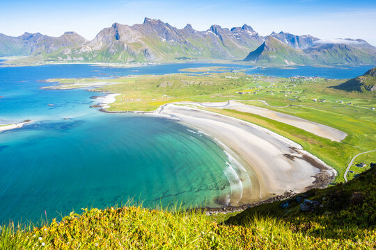 Stunning view of Yttersand beach from hiking trail to Roren, Lofoten Islands, Norway