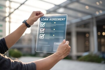 Loan agreement borrow money from bank, mortgage, debt, obligation to pay back interest rate, personal loan, financial support. Person using laptop with approved loan agreement on virtual screen. 