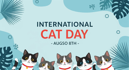 Fototapeta premium Cute Cartoon Cats Celebrating International Cat Day Banner Illustration - Celebrate our feline friends with this charming and festive illustration for International Cat Day on August 8th! 