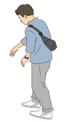 下を指さす男性の後ろ姿