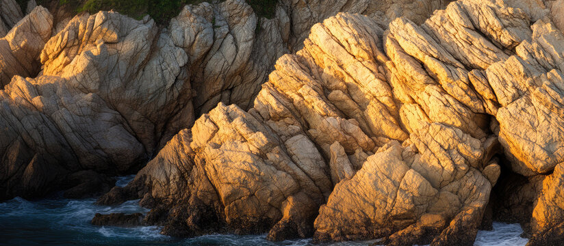 Rock formations with angular shapes near the ocean's edge. Coastal nature and geological beauty