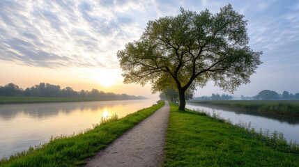 A solitary tree stands beside a tranquil river with a pathway leading into the distance during sunrise. Serene landscape with river and sunrise