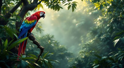 A colorful macaw sits perched on a branch amidst the dense foliage of the jungle