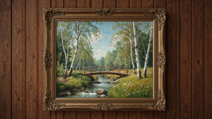 Vibrant framed landscape painting with rustic bridge