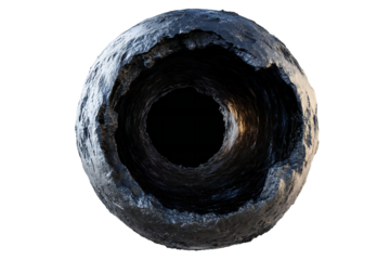 Textured sphere with a large dark hole in the center, creating a sense of depth and mystery, perfect for abstract concepts and creative designs on a transparent field, inviting visual exploration