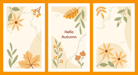 Set aus drei herbstlichen Karten mit Blumen, Blättern und Beeren. Freier Platz für Text. Vorlagen für Einladungen, Grußkarten, Social Media Posts und Werbung.