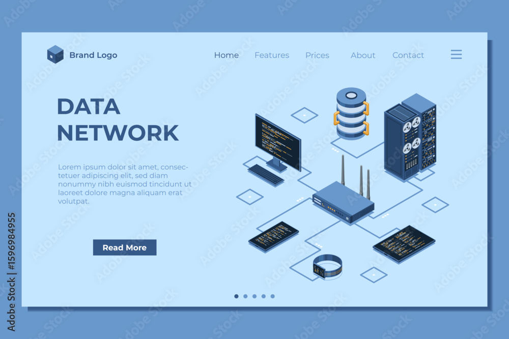 Poster isometric network router landing page. isometric network concept with router, computer, smartphone, 