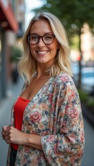 Fototapeta premium Smiling woman in floral cardigan on city street