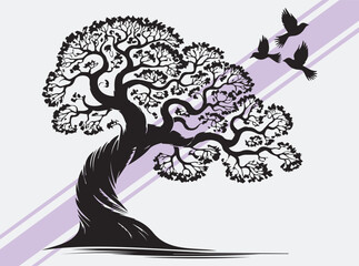 Fototapeta premium Twisted Tree with Flying Birds Silhouette Artwork in Black and White for Expressive Nature and Wildlife-Inspired Creative Projects