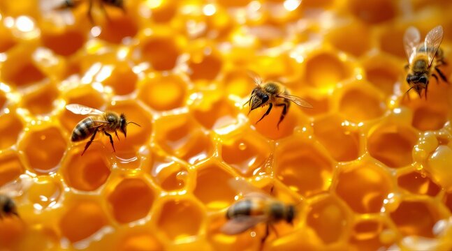 A closeup of bees crawling on a golden honeycomb filled with fresh honey