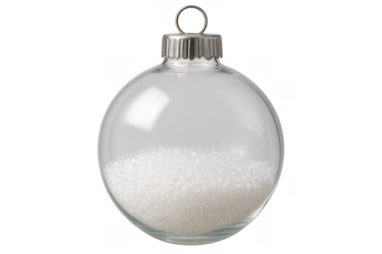 Snow-filled glass ornament hanging against transparent backdrop, creating magical holiday decor accent with sparkling winter charm