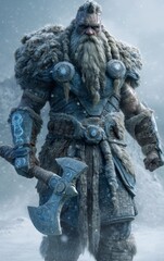 Fototapeta premium Tall Muscular Arctic War God with Icy Blue Glowing Armor, Thick Beard, Chiseled Features, Holding Huge Double-Headed Frost Axe, Surrounded by Cold Wind and Snow, Standing on Frozen Battlefield, Photor