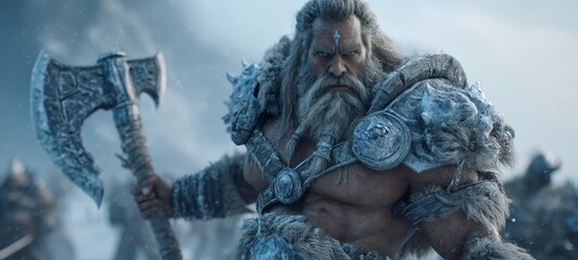 Tall Muscular Arctic War God with Icy Blue Glowing Armor, Thick Beard, Chiseled Features, Holding Huge Double-Headed Frost Axe, Surrounded by Cold Wind and Snow, Standing on Frozen Battlefield, Photor