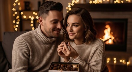 A couple sharing chocolates by the fireplace with soft lighting creating a warm and cozy atmosphere