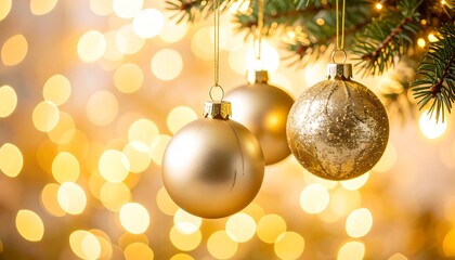 Gold Christmas ornaments hanging from a tree branch, bokeh lights in the background