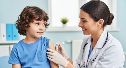 A young boy receiving a vaccination from a smiling female doctor in a clinical setting with medical equipment