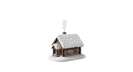 A miniature log cabin covered in snow with smoke coming from the chimney on a black background scene