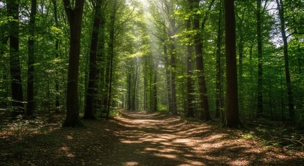 A sunlit path cutting through a dense forest with tall trees and lush green foliage creating a serene scene