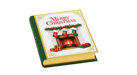 A christmas book with a fireplace scene and stockings hanging above the mantle and presents around it