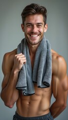 Fit man smiling with a towel around his neck