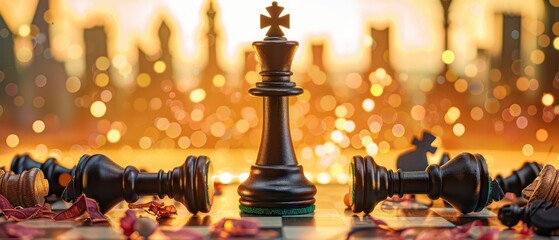 Chess king towers over fallen foes, skyscrapers & golden bokeh hinting corporate dominance on checkered board.