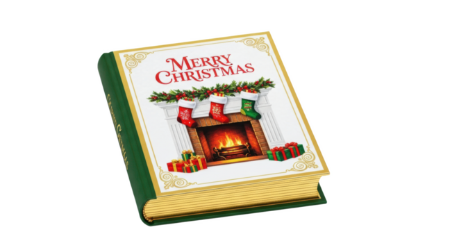 A christmas book with a fireplace scene and stockings hanging above the mantle and presents around it