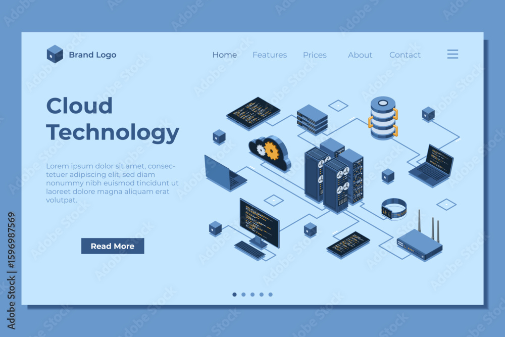 Poster isometric cloud technology landing page with server. isometric server and hosting storage technology