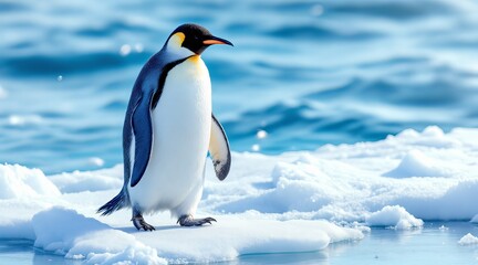 An emperor penguin stands on an ice floe in the frigid waters of antarctica