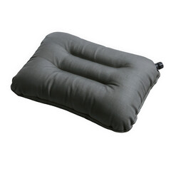 A comfortable gray camping pillow with a sleek design, highlighting its soft texture and ergonomic shape for restful sleep.