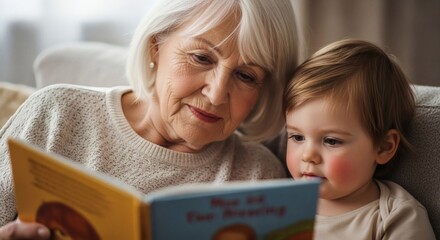 Grandmother reading a book to her grandchild sitting closely together on a sofa in a bright room