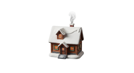 A miniature snow covered cabin with smoke coming from the chimney on a black background isolated scene