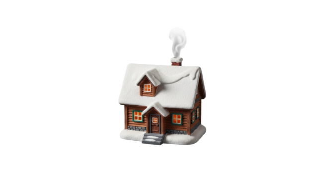 A miniature snow covered cabin with smoke coming from the chimney on a black background isolated scene - Powered by Adobe