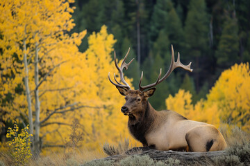 Obraz premium Majestic elk resting in the autumn forest with vibrant trees and antlers in a scenic setting