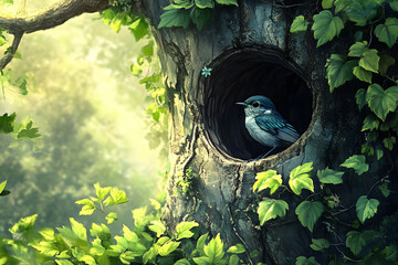 a bird is sitting in a hollow in a tree