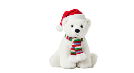 A white polar bear plush wearing a santa hat and a striped scarf sitting on a black background