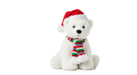 A white polar bear plush wearing a santa hat and a striped scarf sitting on a black background