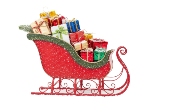 A red christmas sleigh filled with colorful wrapped gifts and a sprig of evergreen on a black background