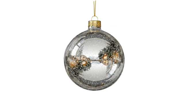 A christmas ornament hanging on a string with a reflection of a christmas tree and building inside it