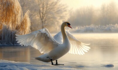 Majestic swan gracefully flaps its wings upon the icy riverbank under the soft sunlight