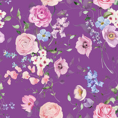 Watercolor floral illustration - seamless pattern on purple background. Bright white, pink, blue flowers, rose, peony, poppy, tulip, sweet pea, ranunculus, buttercups. Wedding invitation clipart.