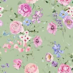 Watercolor floral illustration - seamless pattern on sage green background. Bright white, pink, blue flowers, rose, peony, poppy, tulip, sweet pea, ranunculus, buttercups. Wedding invitation clipart.