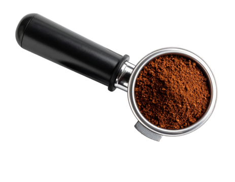 Portafilter with freshly ground coffee isolated on a transparent background. - Powered by Adobe